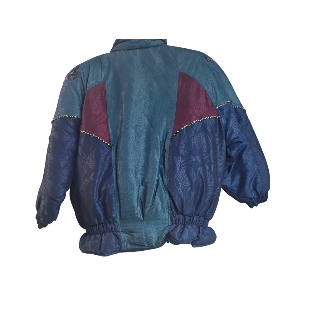 Vintage Clipper Bay Womens Large Colorblock Floral Puffer Jacket Teal Navy 90s - Picture 2 of 10